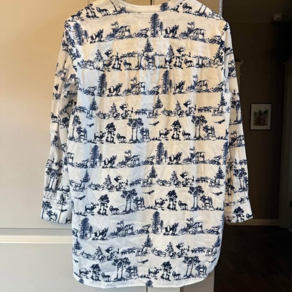 Women’s Blue/White Cotton Forest Theme Tunic Long Sleeve Flannel Top-Size S(6-8) - Picture 7 of 10